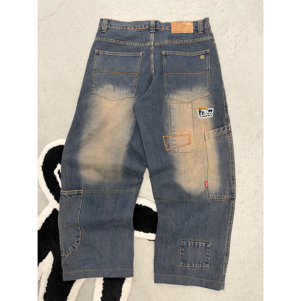 Loco Denim Co Baggy Streetwear Jeans Blue Patched Y2K Wide Leg 34x29